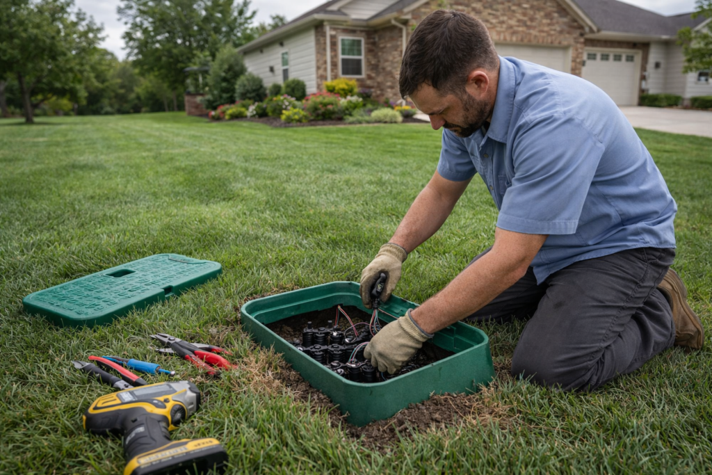 irrigation tech working on box in south bend yard